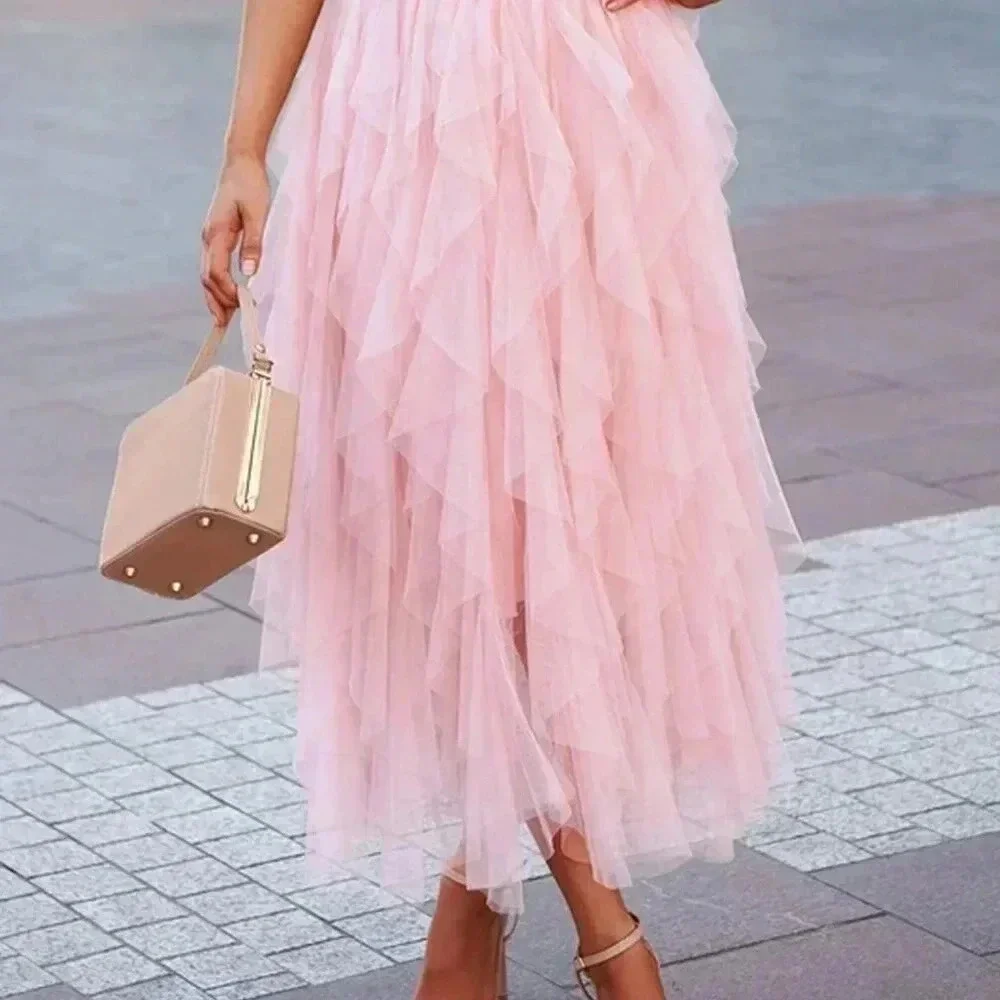 Dusty Pink Elegant Women's Layered Hem Mesh Overlay Skirt